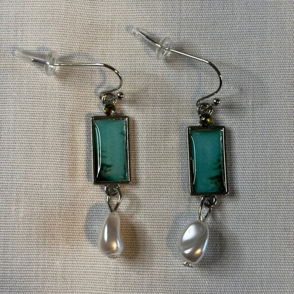Blue Green Bar Earrings Faux Pearl Teardrop Dangle Modern Minimalist Jewelry - Picture 3 of 4